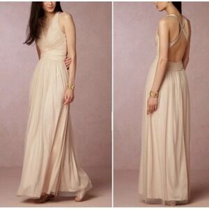 BHLDN Hitherto by Anthropologie Cream Tulle Maxi Formal Dress Criss Cross Back 2